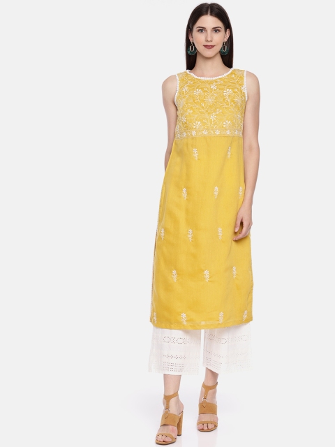 

Biba Women Yellow Embroidered Straight Kurta