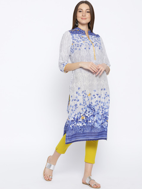 

Biba Women White & Blue Floral Striped Straight Kurta
