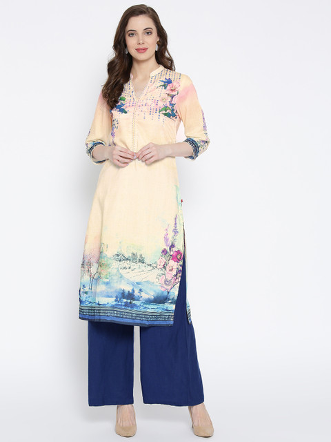 

Biba Women Yellow & Blue Floral Print Straight Kurta