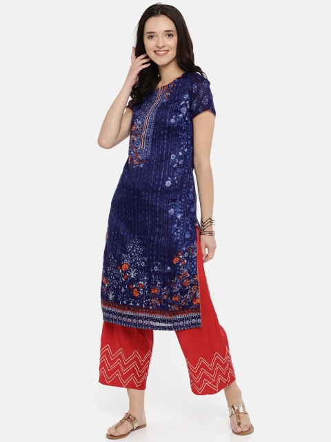 

Biba Women Navy Printed Straight Kurta, Navy blue