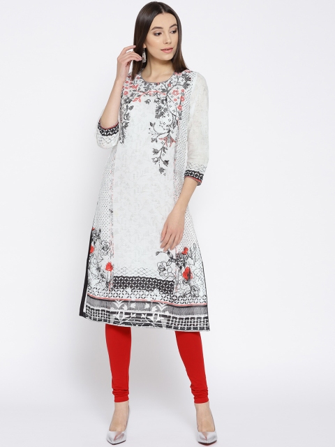 

Biba Women White & Black Printed Straight Kurta