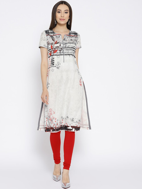 

Biba Women White & Black Printed Straight Kurta