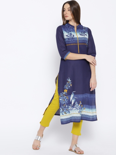 

Biba Women Navy Blue Floral Print Straight Kurta