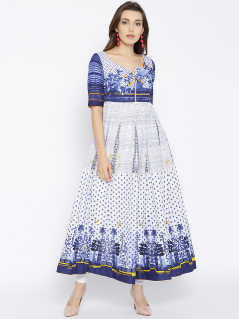 

Biba Women White & Blue Printed Anarkali Kurta