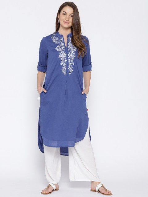 

Biba Women Blue Embroidered Straight Kurta