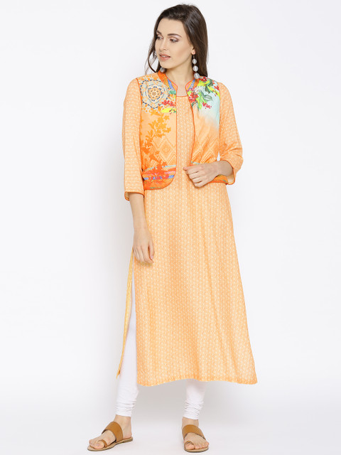 

Biba Women Orange & Cream-Coloured Printed Straight Kurta With Jacket