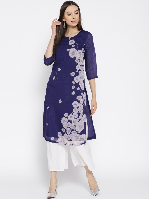 

Biba Women Navy Blue & Grey Floral Print Straight Kurta