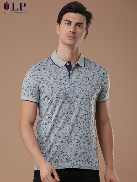 

Louis Philippe Sport Men Grey Melange Floral Printed Polo Collar T-shirt