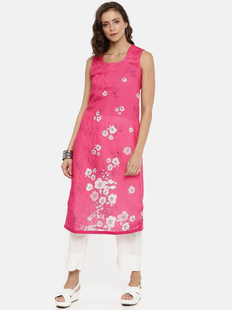 

Biba Women Pink & White Floral Print Straight Kurta