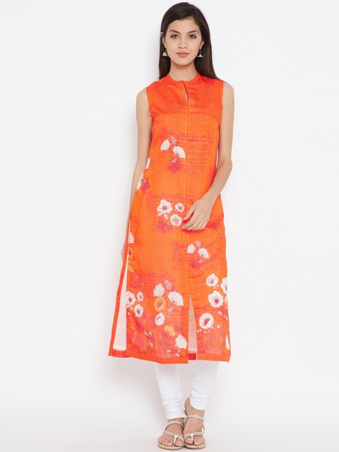 

Biba Women Orange Printed Straight Kurta