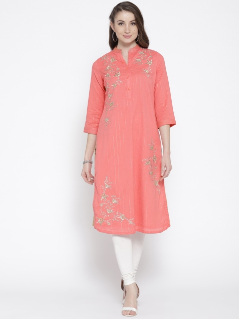 

Biba Women Coral Pink Embroidered Straight Kurta