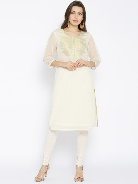 

Biba Women Off-White Woven Design Straight Kurta