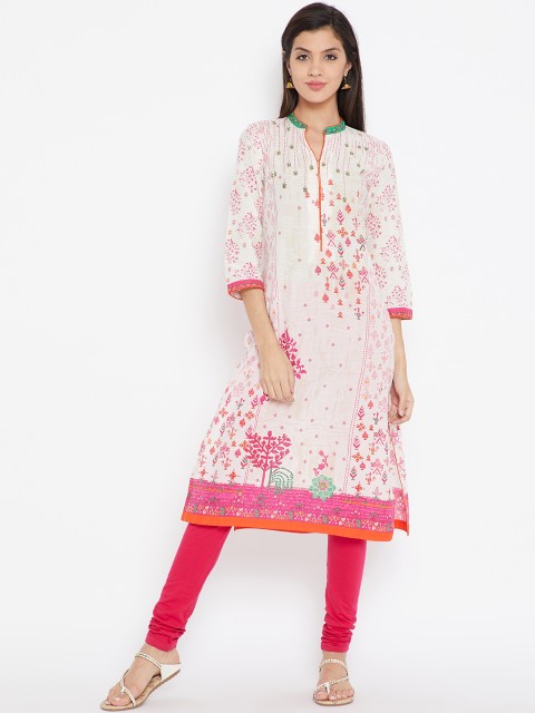 

Biba Women Off-White & Pink Printed Straight Kurta