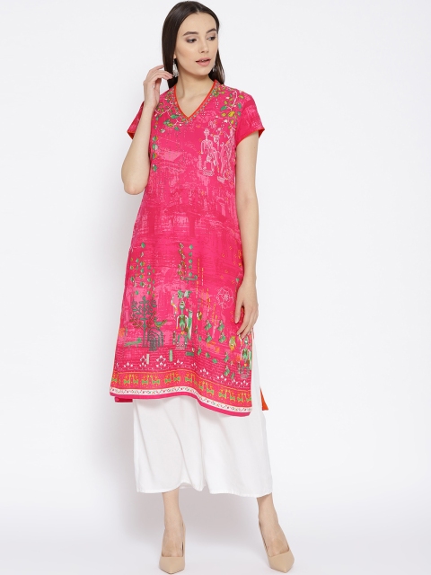 

Biba Women Pink & Green Quirky Print Straight Kurta