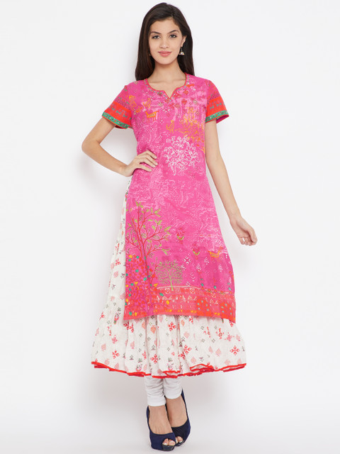 

Biba Women Pink & Off-White Printed Layered Anarkali Kurta