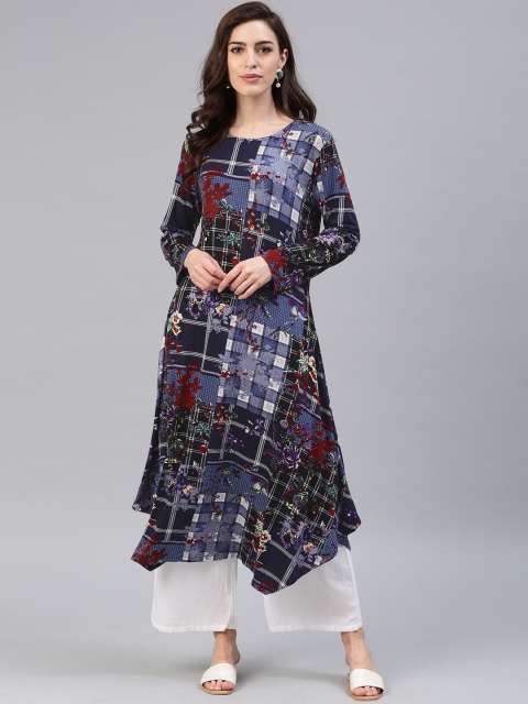 

Biba Women Blue Floral Print A-Line Kurta
