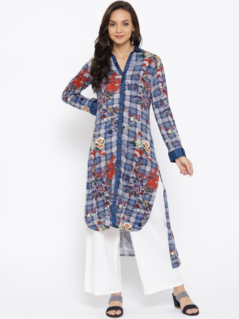 

Biba Women Blue & Grey Checked High-Low Straight Kurta