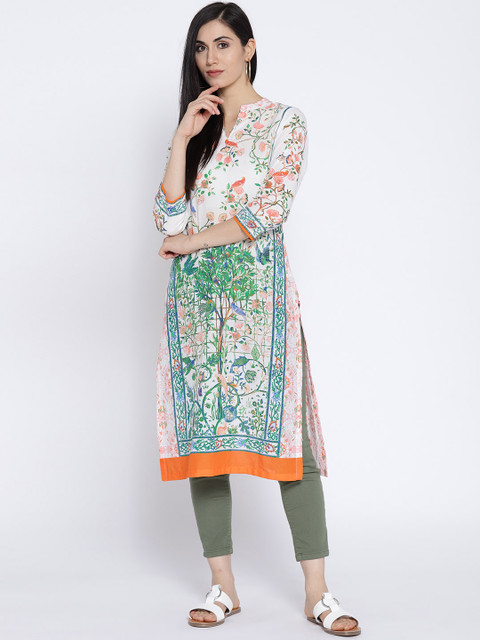 

Biba Women White & Green Printed Straight Kurta