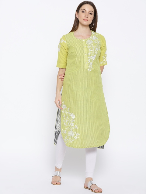 

Biba Women Green Striped Embroidered Straight Kurta