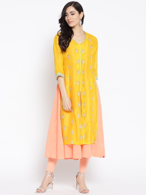 

Biba Women Yellow & Peach-Coloured Embroidered Layered A-Line Kurta