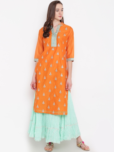 

Biba Women Orange Embroidered Straight Kurta