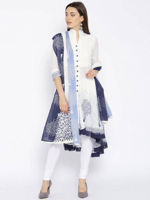 

Biba Women White & Navy Blue Printed Kurta with Churidar & Dupatta