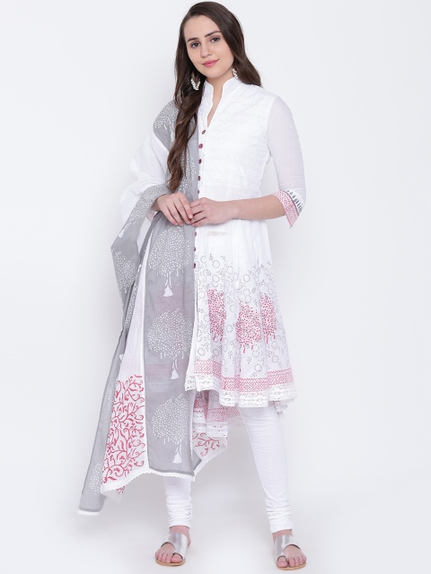 

Biba Women White Printed Kurta with Churidar & Dupatta