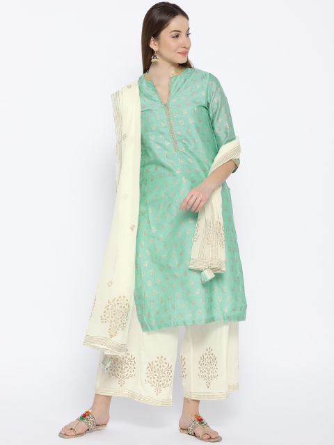 

Biba Women Green & Off-White Printed Kurta with Palazzos & Dupatta