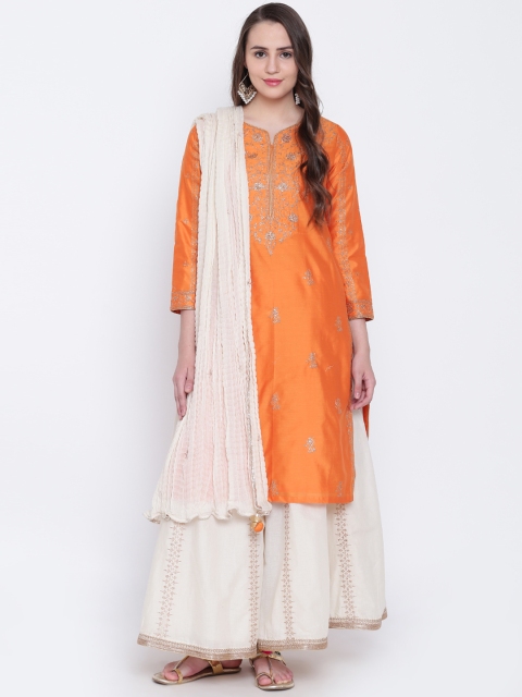 

Biba Women Orange & Off-White Embroidered Kurta with Palazzos & Dupatta
