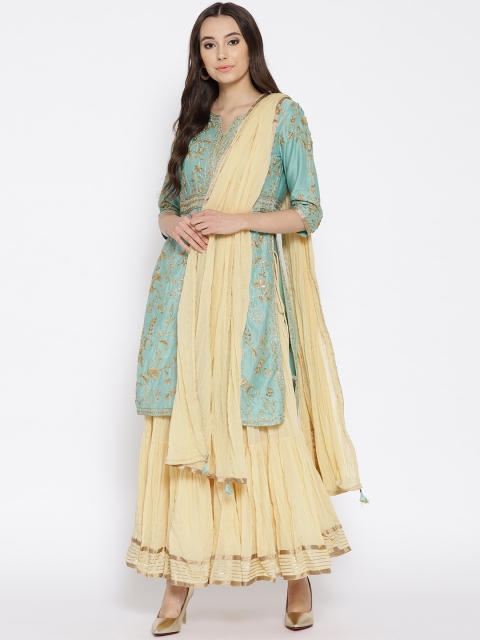 

Biba Women Sea Green & Beige Embroidered Kurta with Skirt & Dupatta