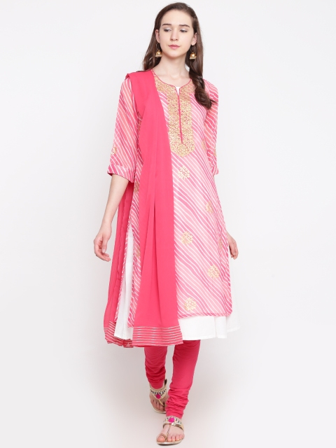 

Biba Women Pink & White Printed Kurta with Churidar & Dupatta