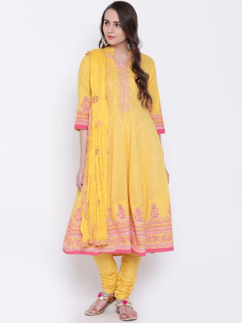 

Biba Women Yellow Printed Kurta with Churidar & Dupatta