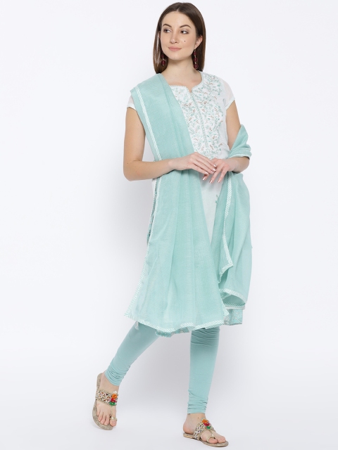

Biba Women Off-White & Green Printed Kurta with Churidar & Dupatta