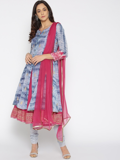 

Biba Women Blue & Pink Printed Kurta with Churidar & Dupatta