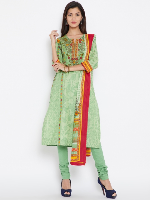 

Biba Women Green & Orange Printed Kurta with Churidar & Dupatta