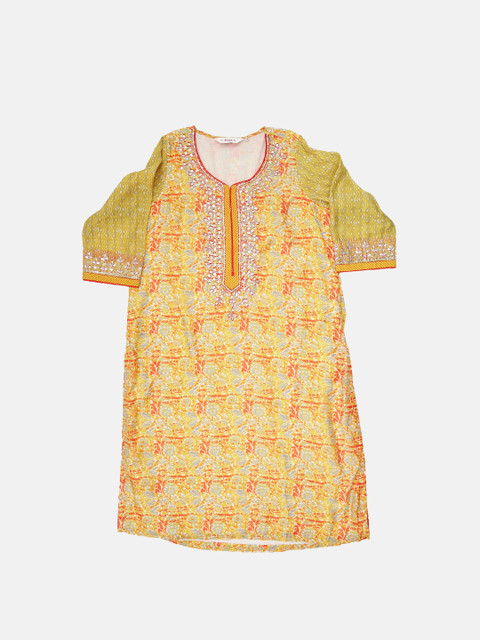 

Biba Women Mustard Yellow Printed Kurta with Trousers & Dupatta