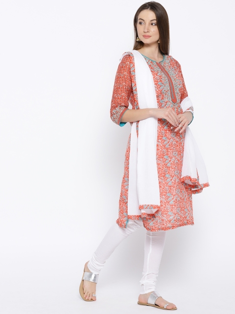 

Biba Women Orange & White Printed Kurta with Churidar & Dupatta