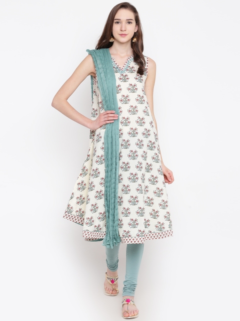 

Biba Women White & Green Printed Kurta with Churidar & Dupatta