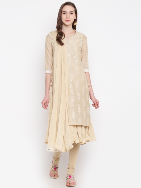 

Biba Women Beige Embroidered Kurta with Churidar & Dupatta