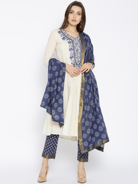 

Biba Women Off-White & Navy Yoke Design Kurta with Trousers & Dupatta