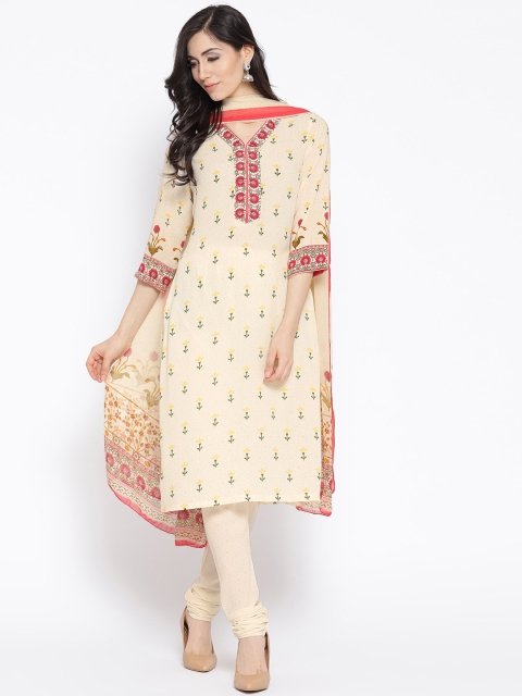 

Biba Women Off-White & Yellow Printed Kurta with Churidar & Dupatta