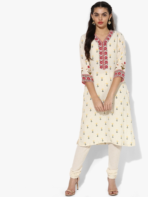 

Biba Women Off-White & Yellow Printed Kurta with Churidar & Dupatta
