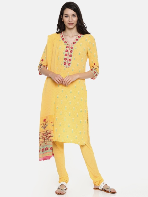 

Biba Women Yellow Printed Kurta with Churidar & Dupatta