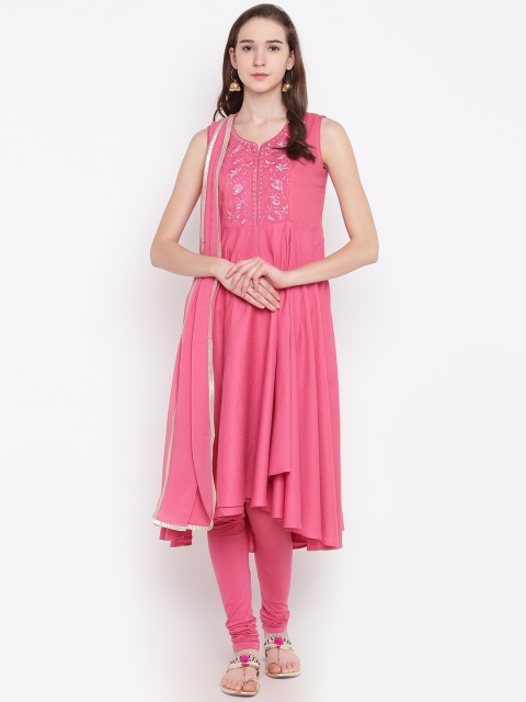 

Biba Women Pink Solid Kurta with Churidar & Dupatta