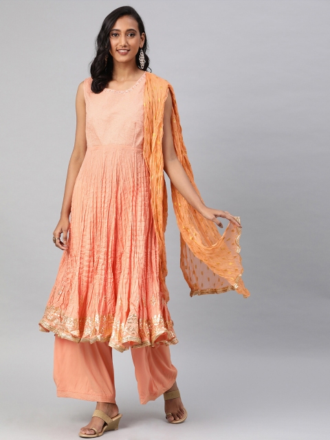 

Biba Women Peach-Coloured Solid Kurta with Palazzos & Dupatta