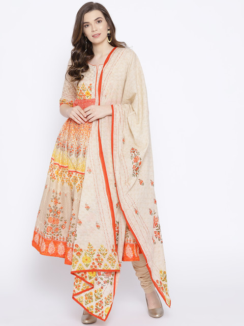 

Biba Women Beige & Orange Printed Kurta with Churidar & Dupatta