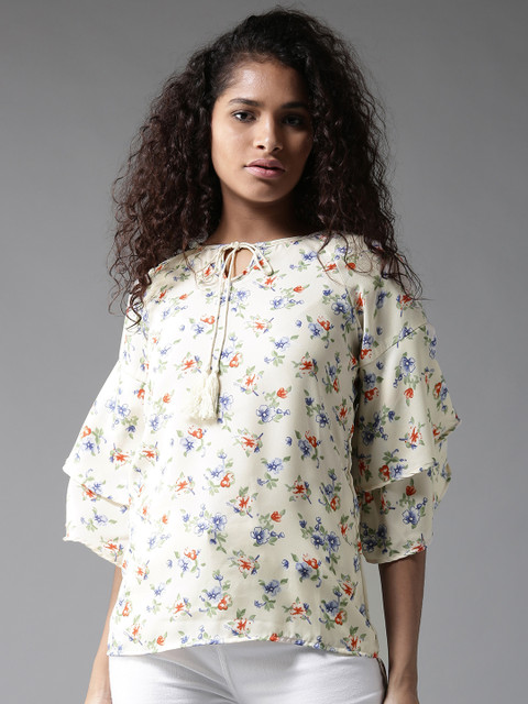 

Moda Rapido Women Off-White & Blue Floral Print Top