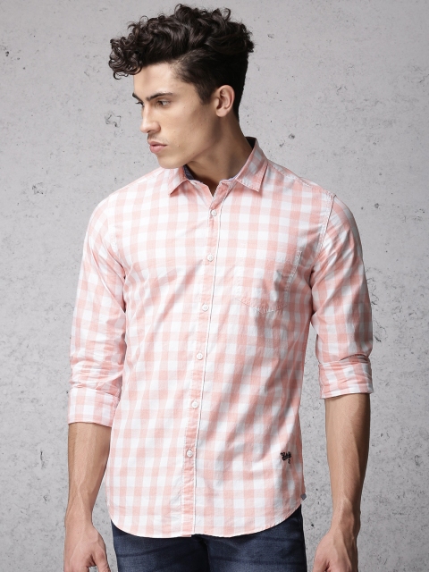 

Ecko Unltd Men Peach-Coloured & White Slim Fit Checked Casual Shirt