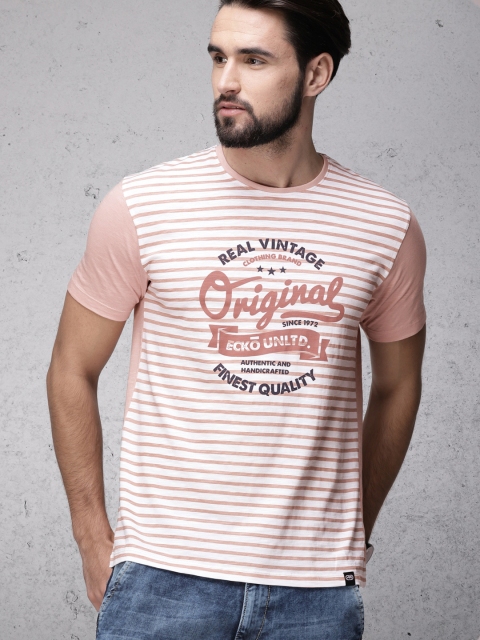 

Ecko Unltd Men White & Rust Striped Round Neck T-shirt