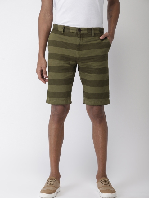 

Indian Terrain Men Olive Green Striped Slim Fit Regular Shorts